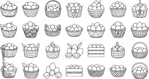 Easter Eggs in Baskets Vector Set: Hand-Drawn Spring Holiday Collection for Cards, Invitations  Crafts