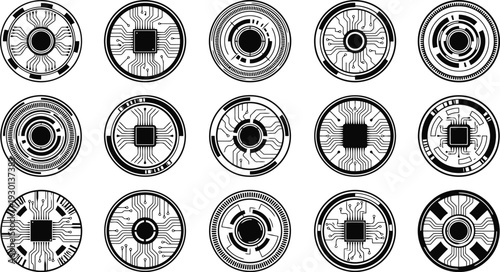 Collection of futuristic circular technology circuit board emblems and icons isolated on transparent background