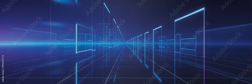 Naklejka premium Digital abstract futuristic glowing geometric lines on a dark blue background with light streaks