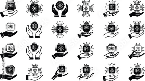 Collection of futuristic technology icons showcasing microchip and atomic symbol held by hands