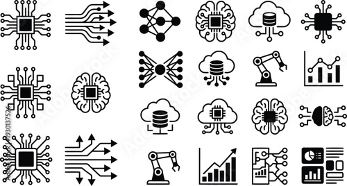Collection of futuristic technology and artificial intelligence icons on a white background