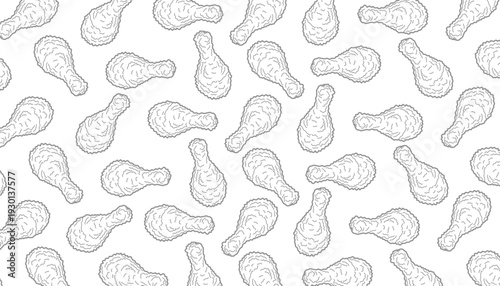 Fried Chicken Seamless Pattern. Crispy Drumstick Repeating Motif. Hand Drawn Outline Style. Monochrome And Color Variations. Packaging Textile Background.
