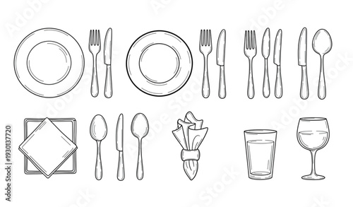 A minimalist line art illustration of tableware and cutlery on a white background