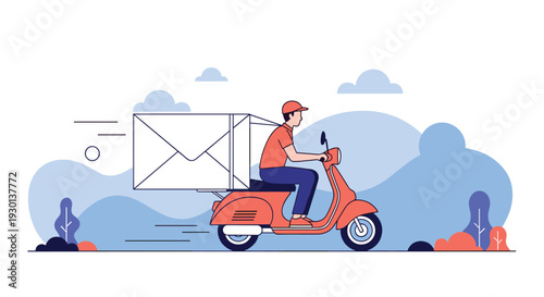 Delivery man riding a red scooter with a large white envelope box to deliver mail or parcels quickly through a blue landscape.