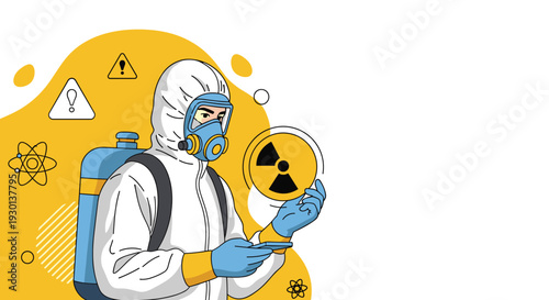 Scientist in a white hazmat suit and gas mask holding a radioactive warning sign while conducting research in a chemical laboratory.
