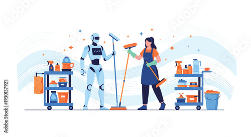 Woman working alongside an advanced service robot to clean a room using brooms and mops with cleaning supplies on carts.