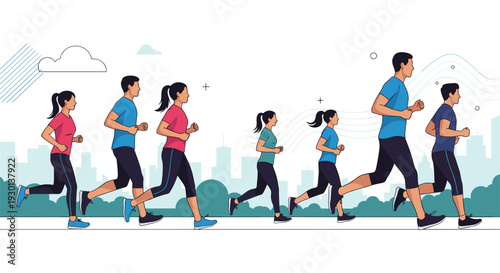 Large group of diverse people running a marathon or jogging through a city park to stay healthy and active together.