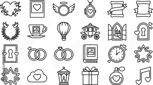 Collection of romantic line art icons symbolizing love and celebration themes