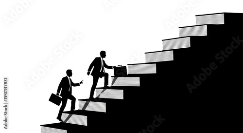 Two businessmen climbing stairs made of books upwards