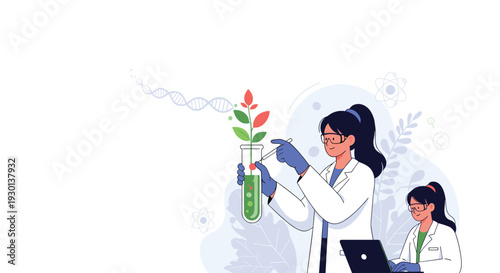 Group of female scientists in white coats working in a laboratory to research plant biology and genetics using test tubes.
