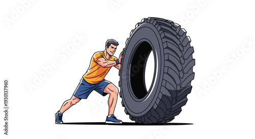 Athletic man in a yellow shirt pushing a large heavy truck tire across the floor during a high intensity crossfit workout.