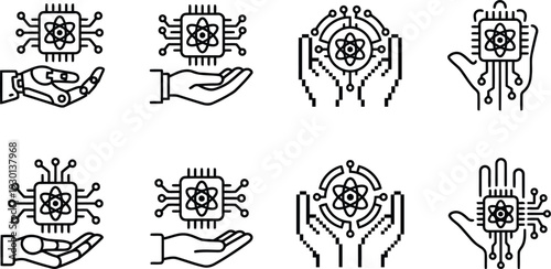 Collection of science and technology icons featuring atomic symbols and computer chips