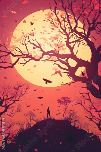 Halloween background with full moon and silhouette of a girl. halloween background with bats