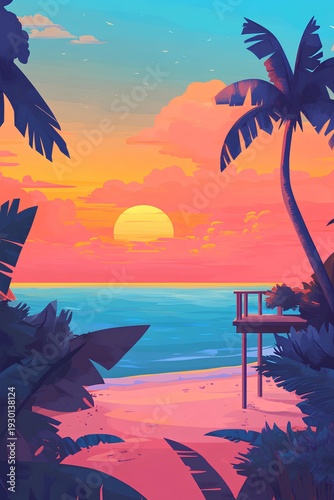 Tropical beach at sunset with palm trees