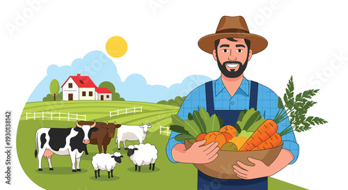 Smiling farmer holding a large bowl of fresh organic vegetables in front of his farm with cows and sheep in a green field.