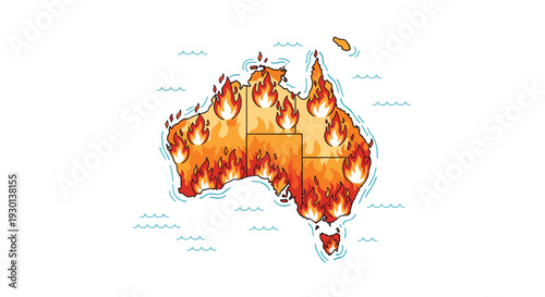 Map of Australia showing numerous fire icons across the continent symbolizing the widespread impact of devastating wildfires on the land.