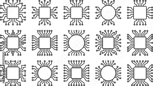 Collection of stylized electronic integrated circuits and microprocessors isolated on transparent background