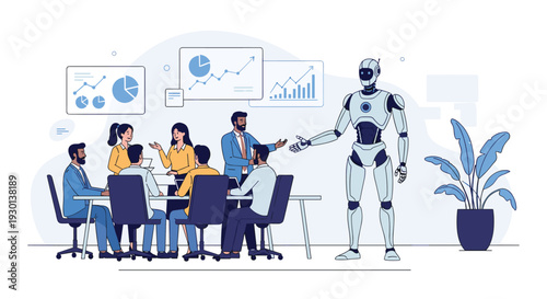 Large service robot standing in an office meeting room while business professionals sit around a table and discuss data.