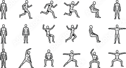 Collection of stylized human figures performing various dynamic and static poses isolated on transparent background