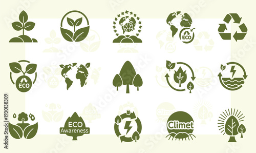 Collection of green eco friendly icons representing sustainability and environmental awareness