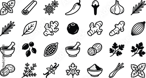 Collection of Various Herbs Spices and Seasonings Represented as Simple Line Icons