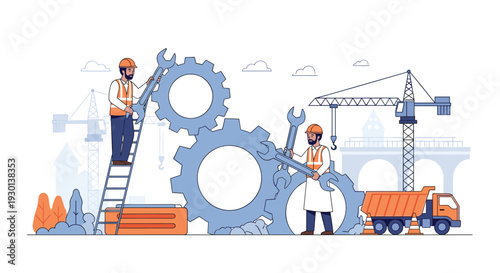 Professional construction workers in safety gear working with giant mechanical gears on a site with cranes and trucks.