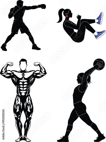 Boxing punch active person, sit up crunch, flexing bodybuilder, girl medicine ball throw
