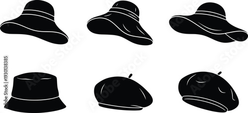 Women Hat Silhouettes Collection with Wide Brim Bucket and Beret Styles Isolated on White Background Vector Illustration