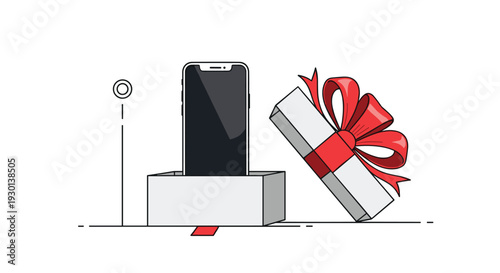 New modern smartphone popping out of a white gift box with a red ribbon and bow, representing a holiday present.
