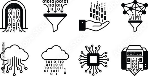 Diverse technology icons representing data processing and digital concepts visually