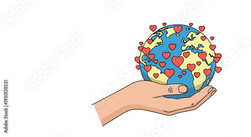 Human hand holding the planet earth covered with many red hearts, symbolizing global love, peace, and environmental care.