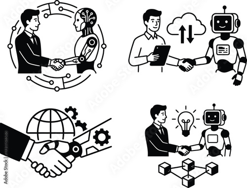 Human and robot shaking hands symbolizing collaboration and technological advancements