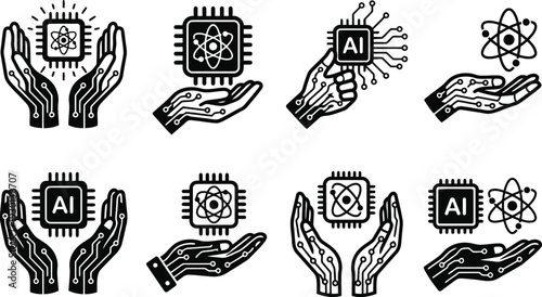 Set of abstract icons representing artificial intelligence and atomic science presented by hands
