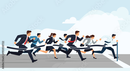Group of business people in suits competing in a race and crossing the finish line together, symbolizing corporate teamwork.
