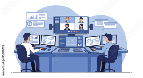 Two security operators monitoring multiple screens with data charts and conducting a video conference in a control room.