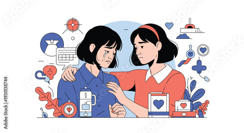 Young woman comforting her crying friend by placing hands on her shoulders, showing support and empathy during a hard time.