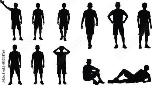 Soccer player silhouettes in various dynamic poses including waving, standing, walking, hands on hips, sitting, lying down black vector set