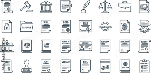 Legal icons collection representing justice and business documentation symbols