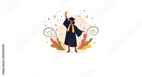 Female graduate in academic gown and cap holding her diploma over her head during a graduation ceremony celebration.
