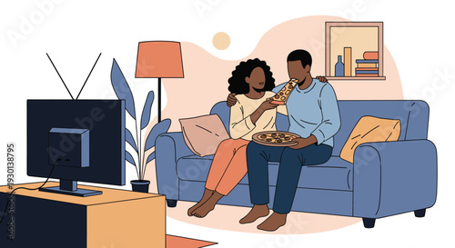 Happy couple sitting on a blue sofa together, watching television and sharing a delicious pizza in their living room.