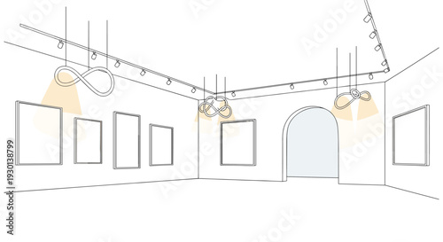 Modern art gallery interior sketch with blank frames on walls and infinity-shaped pendant lights hanging from the ceiling.