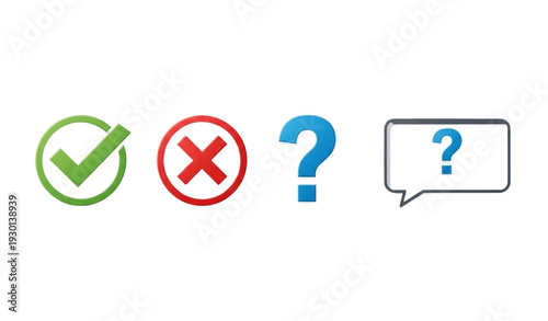 A set of four flat icons representing checkmark, cross, question, and speech bubble