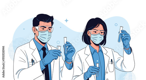 Two scientists in lab coats and masks working with test tubes in a laboratory, conducting medical or chemical research.
