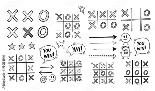A set of black and white tic tac toe game illustrations with various symbols and speech bubbles