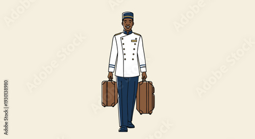 Smiling hotel bellhop in a white uniform carrying two brown suitcases, providing helpful service to guests in a hotel.