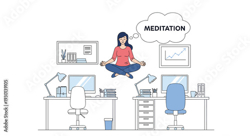 Peaceful woman meditating in lotus position while levitating above her office desk to manage work stress and promote mental health.