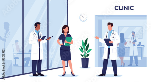 Group of diverse medical professionals including doctors and nurses standing and talking together in modern hospital clinic corridor.