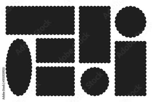 Geometric shapes with scallop and zigzag edges set. Silhouette stickers circle, square, oval and rectangle labels. Vector illustration . 