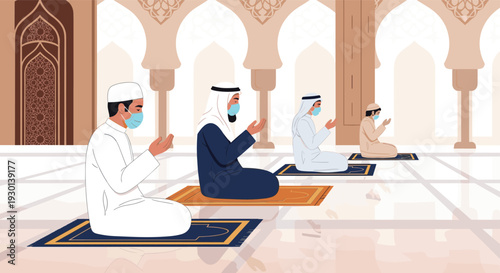 Muslim men wearing protective face masks while praying on prayer mats in beautiful mosque interior with archways and large pillars.