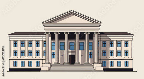 Grand neoclassical architecture building featuring large columns and monumental staircase under clear sky for government office.